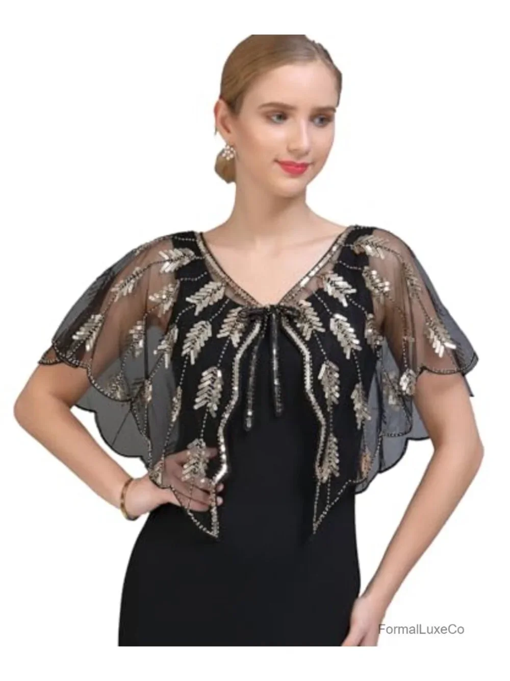1920s Flapper Shawl Evening Cape Bolero Sheer Sequin Wrap